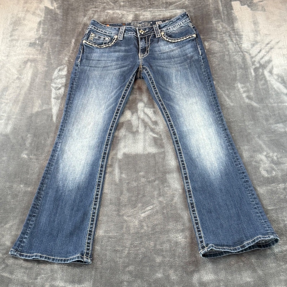 Miss Me Signature Rise Bootcut Jeans Low Rise JW6237B Rhinestone Size 29 Blue